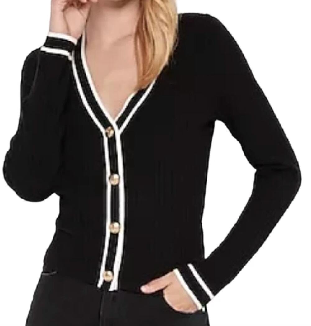 EXPRESS Ribbed Contract Trim Gold Emblem Button Sweater in Black Size S